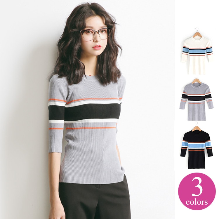 トップス レディース ニット リブ マルチボーダー 秋 冬 セーター タイト ストレッチ 薄手 ホワイト グレー ブラック 白 黒 メール便送料無料 即納 8094 初秋