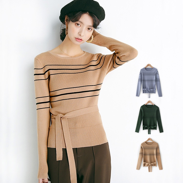 トップス レディース ニット 長袖 リブ ウエストリボン ライン 秋 冬 セーター タイト ストレッチ 厚め ブルー グリーン ベージュ くすみ メール便送料無料 即納 8096 あったかニット