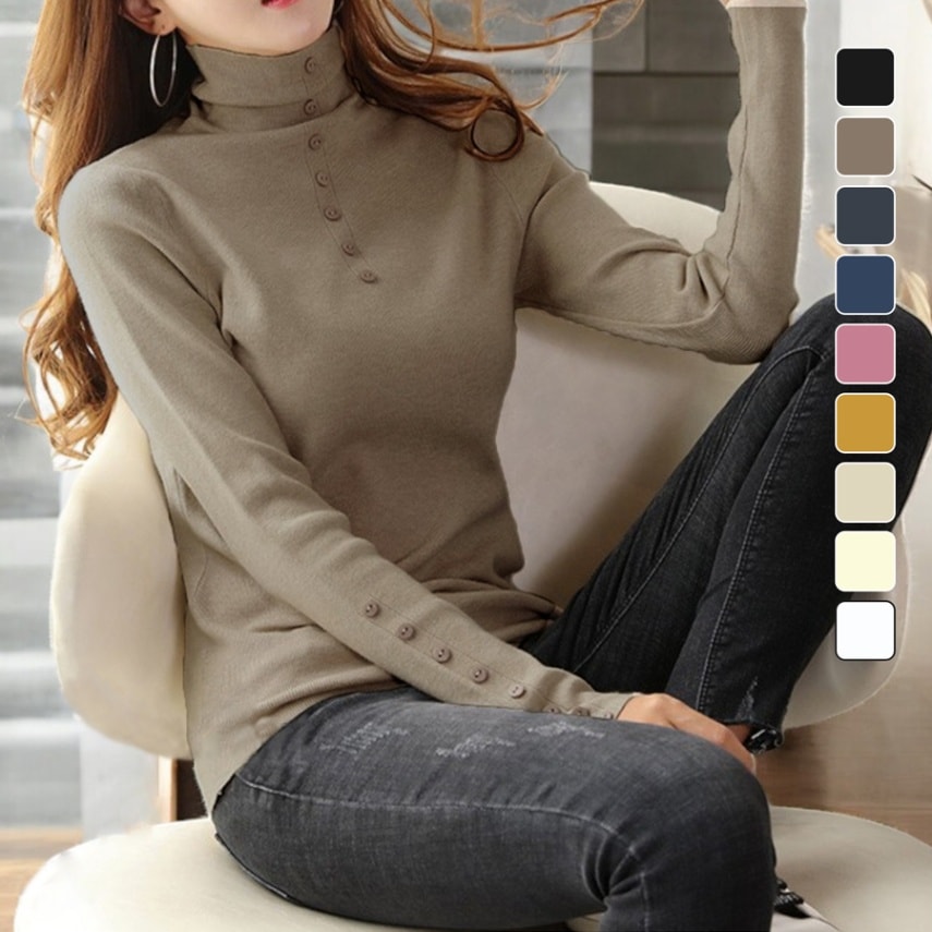ニット トップス レディース 春夏秋冬 新作 セーター タートルネック ハイネック 長袖 リブ 無地 ボタン おしゃれ 韓国風 韓流 ブラック 黒 グレージュ ダークグレー ネイビー サンゴ マスタード ベージュ アイボリー ホワイト 白 フリーサイズ JOCOSA 8986 送料無料 即納
