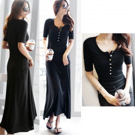 ワンピース レディース 春夏秋冬 半袖 ロング丈 前ボタン 膝下丈 フレア 裾ヘムライン シンプル 無地 カジュアル おしゃれ ルームウェア ブラック 黒 ネイビー JOCOSA 8273 送料無料 即納