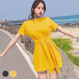 フロントリボンミニワンピース レディース 春夏秋冬 新作 半袖 ショート丈 無地 シンプル セクシー 大人可愛い デート 女子会 韓国風 韓流 ブラック 黒 イエロー 黄色 S JOCOSA 8840 送料無料 即納
