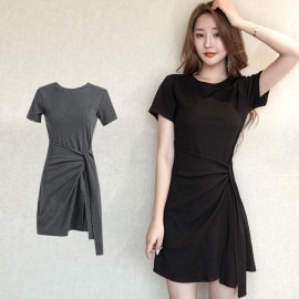 サイドリボンミニＴシャツワンピース レディース 春夏秋冬 新作 半袖 ラップスカート風 ショート丈 無地 タイト セクシー シンプル カジュアル おしゃれ 大人可愛い 韓国風 韓流 ダークグレー ブラック 黒 SML JOCOSA 8843 送料無料 即納