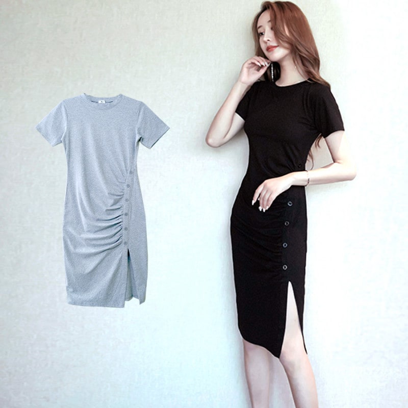 フロントギャザーボタンスリットワンピース レディース 春夏秋冬 新作 半袖 膝丈 Ｔシャツ 無地 タイト セクシー シンプル カジュアル おしゃれ 大人可愛い 韓国風 韓流 ブラック 黒 グレー SML JOCOSA 8847 送料無料 即納