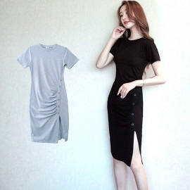 フロントギャザーボタンスリットワンピース レディース 春夏秋冬 新作 半袖 膝丈 Ｔシャツ 無地 タイト セクシー シンプル カジュアル おしゃれ 大人可愛い 韓国風 韓流 ブラック 黒 グレー SML JOCOSA 8847 送料無料 即納