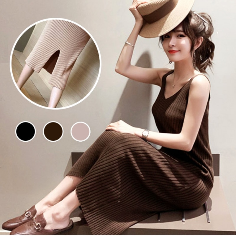 ニットワンピース ロング キャミソール レディース ノースリーブ Vネック リブ 着回し 無地 バックスリット シンプル セクシー 韓国風 韓流 春夏秋冬 新作 ブラック 黒 ブラウン 茶 ピンクベージュ フリーサイズ JOCOSA 8858 送料無料 即納