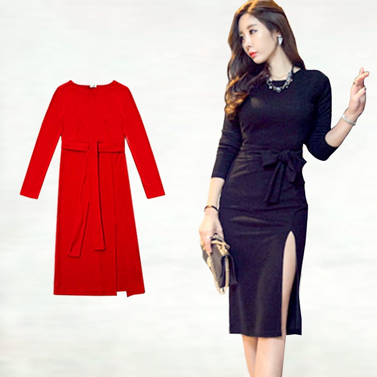 ワンピース レディース 長袖 腰リボン 厚手 二重仕立て ミニ丈 スリット タイト 無地 セクシー 上品 カジュアル 赤 黒 レッド ブラック JOCOSA 送料無料 即納 8267 まとめ