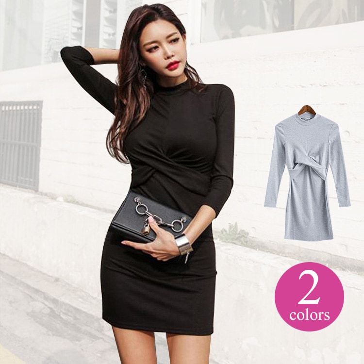 ワンピース レディース 長袖 ミニスカート ハイネック クロス 女性らしい きれいめ セクシー おでかけ パーティー 秋 冬 シンプル グレー ブラック JOCOSA 8808 送料無料 即納