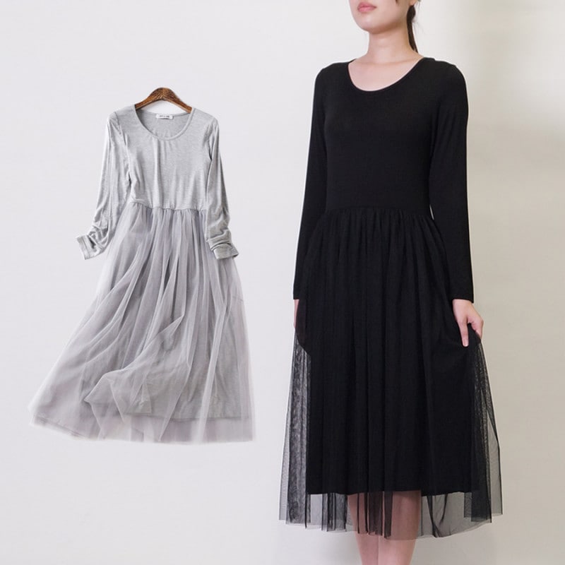 ワンピース レディース 長袖 チュール ひざ丈 ミディアム丈 チュールスカート チュールワンピース ロング 切り替え ルームウェア 部屋着 リラックスウェア 無地 春 夏 秋 冬 薄手 ゆるテロ JOCOSA 8824 送料無料 即納