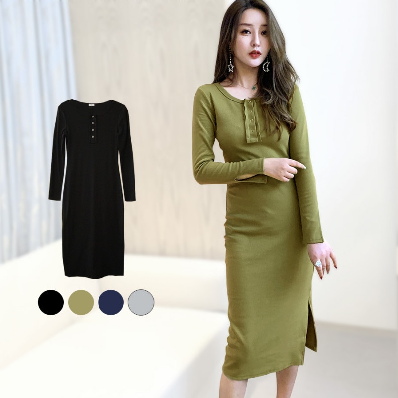 ワンピース レディース ロング 長袖 細リブ スリット 前ボタン 切りっぱなし タイト ミモレ丈 薄手 春 夏 秋 冬 シンプルセクシー ブラック 黒 カーキ ネイビー グレー JOCOSA 8825 送料無料 即納