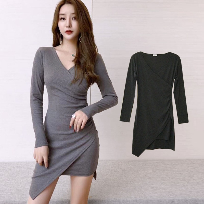 ワンピース レディース 長袖 アシンメトリー Ｖネック ショート丈 ミニ 細リブ 二枚仕立て 薄手 春 夏 秋 冬 シンプル タイトセクシー ブラック 黒 グレー JOCOSA 8826 送料無料 即納