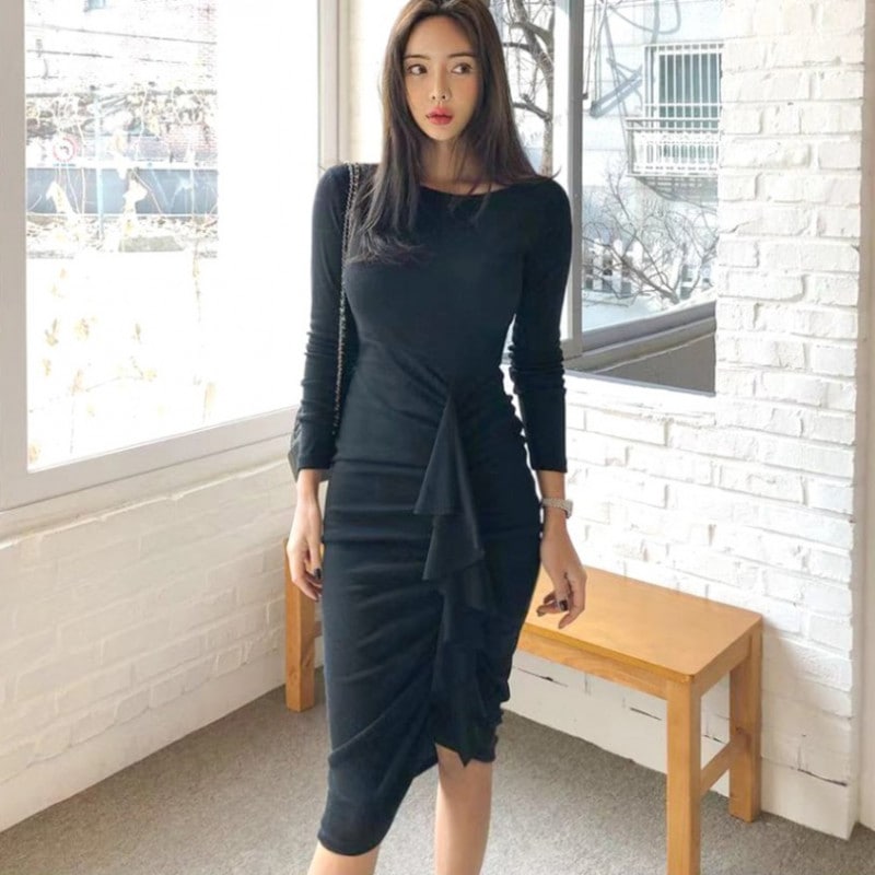 ワンピース レディース 長袖 裏起毛 タイト ギャザー フリル 切り替え アシンメトリーネックライン 膝丈 無地 色っぽい かっこいい セクシー パーティー デート 大人 ワンピ 可愛い 春 秋 冬 シンプル ブラック 黒 JOCOSA 8829 送料無料 即納