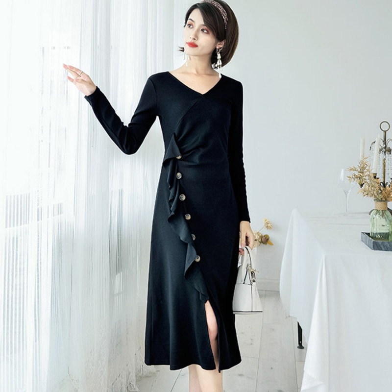 ワンピース レディース 長袖 ワンピ Vネック フレア Aライン フリル リボン ボタン スリット 肌見せ 膝丈 無地 パーティーデート 大人 可愛い 韓国 韓流 春 秋 冬 シンプル ブラック 黒 JOCOSA 8834 送料無料 即納