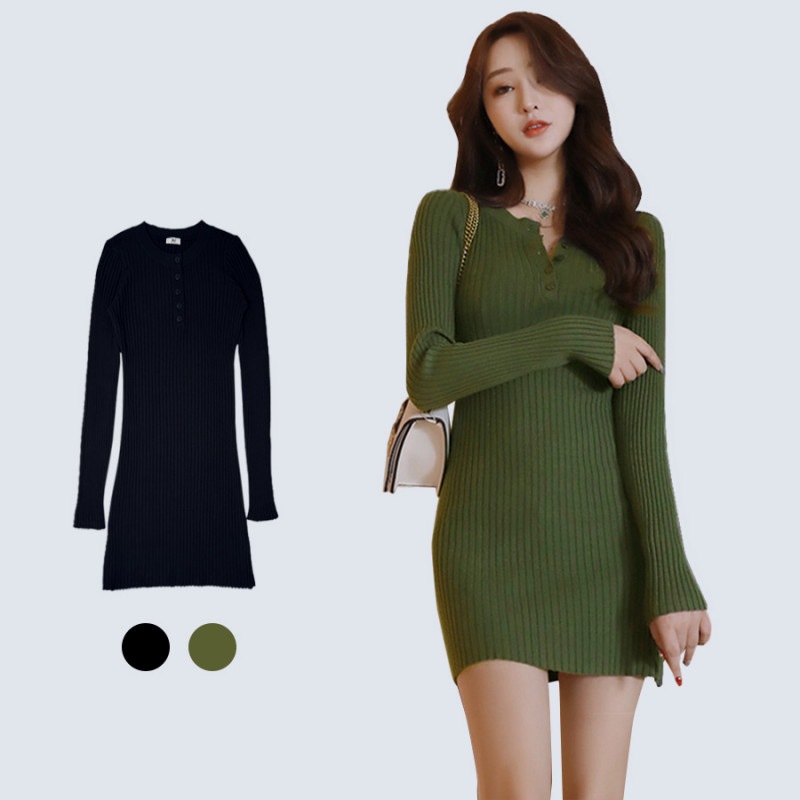 ニットワンピース レディース 春夏秋冬 新作 ミニ 長袖 タイト ショート丈 ボタン 無地 シンプル セクシー 大人 可愛い 韓国風 韓流 ブラック 黒 カーキ フリーサイズ JOCOSA 8850 送料無料 即納