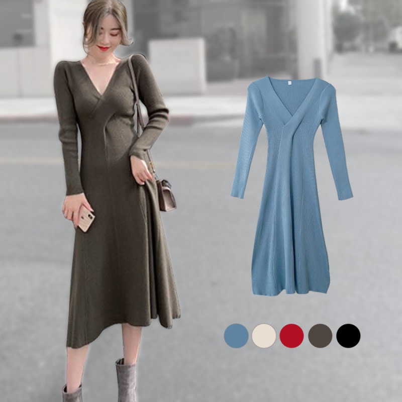 ニットワンピース Vネック Aライン 膝丈 長袖 フレア 無地 リブ シンプル セクシー 大人 可愛い 韓国風 韓流 レディース 春夏秋冬 新作 ブルー 青 アイボリー レッド 赤 カーキ ブラック 黒 フリーサイズ JOCOSA 8854 送料無料 即納