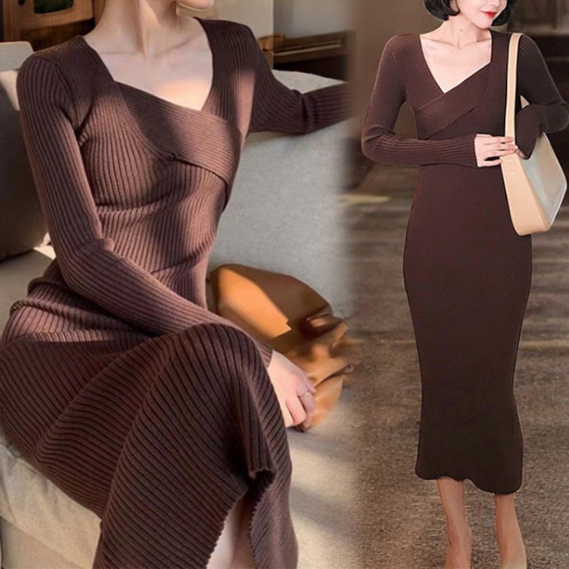 ニットワンピース スリット ロング丈 タイト 長袖 無地 リブ クロスネック シンプル セクシー 大人 可愛い 韓国風 韓流 レディース 春夏秋冬 新作 ブラック 黒 アイボリー ブラウン 茶 フリーサイズ JOCOSA 8856 送料無料 即納