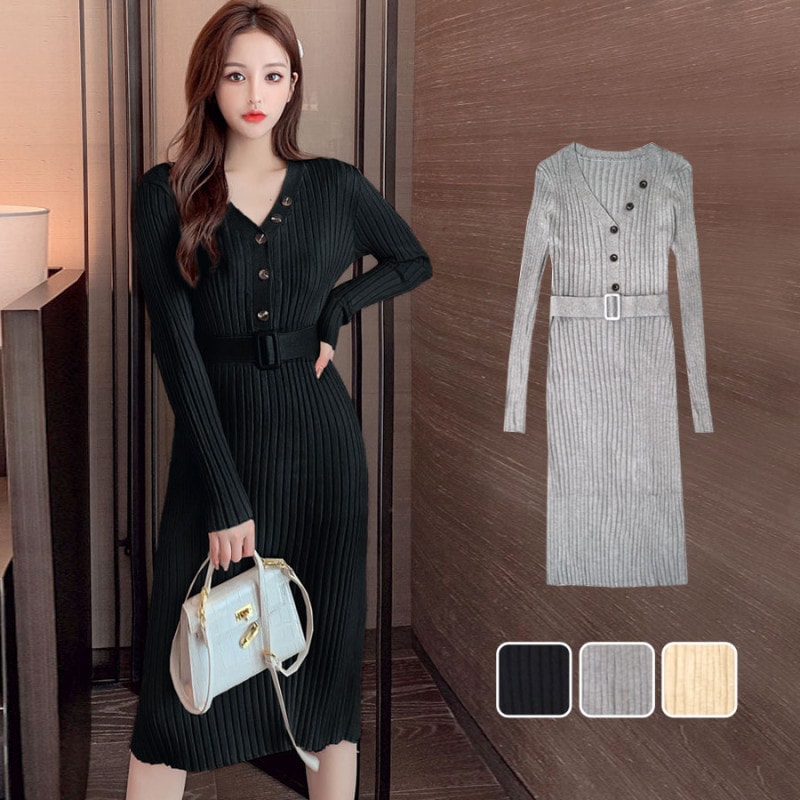 ニットワンピース ベルト タイト ボタン 長袖 ロング 膝下 リブ 無地 シンプル セクシー 大人 可愛い 韓国風 韓流 春夏秋冬 新作 ブラック 黒 グレー ベージュ フリーサイズ JOCOSA 8857 送料無料 即納