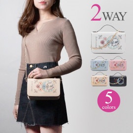 ミニバッグ レディース ショルダーバッグ 刺しゅう ポシェット 2way ハンドバッグ レザー風 フェイクレザー チェーン 大人可愛い 肩掛け 斜め掛け かばん ホワイト ブルー ピンク ベージュ ブラック 即納 JOCOSA 8496