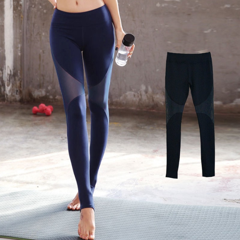 スポーツウェア レディース レギンス ボトムス メッシュ シースルー トレンカ パンツ ランニングウェア トレーニング フィットネスヨガ ピラティス ジム 伸縮 速乾 S M L おしゃれ セクシー 韓国 韓流 レイヤード タイト ブラック 黒 ネイビー紺 JOCOSA 8720 送料無料 即納