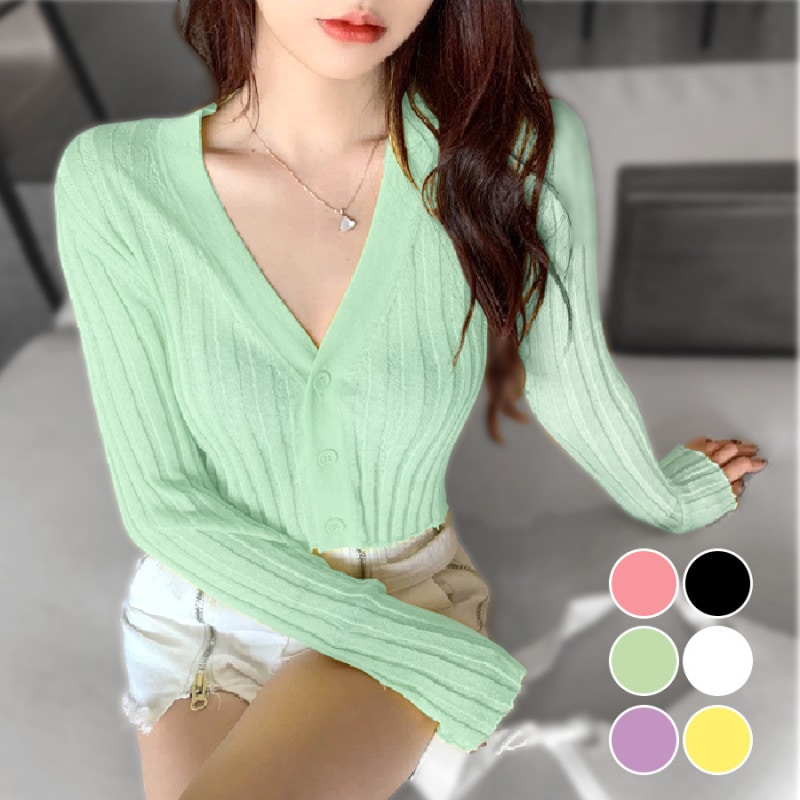 カーディガン ショート丈 春夏秋冬 トップス 羽織 薄手 へそ出し 長袖 無地 Ｖネック ボタン シンプル セクシー おしゃれ 可愛い 韓国風 韓流 JOCOSA 8356