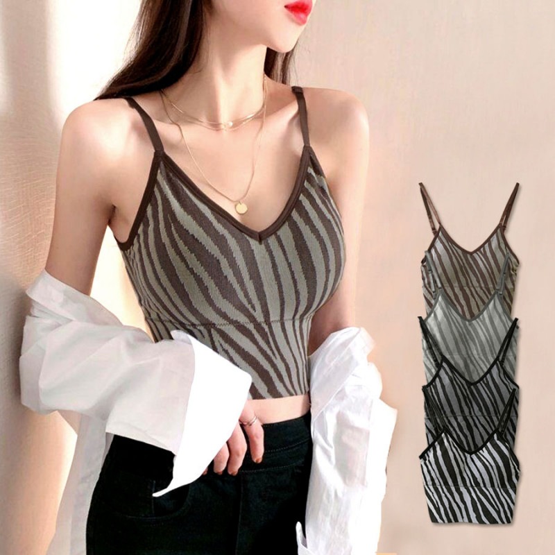 キャミソール ゼブラ トップス カップ付き ショート丈 ノースリーブ 重ね着 スポーティー セクシー おしゃれ 大人可愛い 韓国風 韓国ファッション レディース 春 夏 秋 冬 新作 ブラウン 茶 グレー 灰 ブラック 黒 ホワイト 白 フリーサイズ JOCOSA 7013
