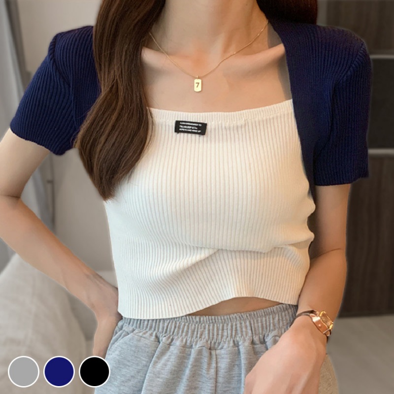 ニットトップス 半袖ニット ショート丈 韓国ファッション 韓国 サマーニット トップス 大人可愛い タグ バイカラー ツートーン レディース 春 夏 秋 新作 グレー ネイビー 紺 ブラック 黒 フリーサイズ JOCOSA 7017