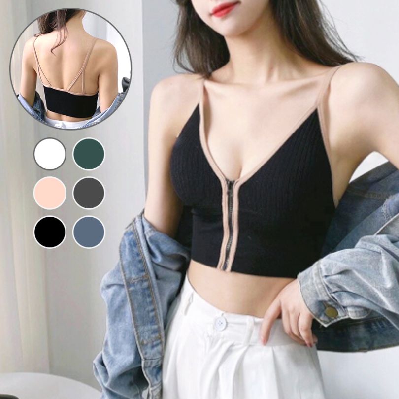 キャミソール パッド付き ファスナー 無地 華奢見せ ブラトップ セクシー シンプル ショート丈トップス 大人可愛い 韓国ファッション 韓国  レディース 春 夏 秋 冬 新作 ホワイト 白 グリーン ベージュ グレー ブラック 黒 ブルー 青 フリーサイズ JOCOSA 7018