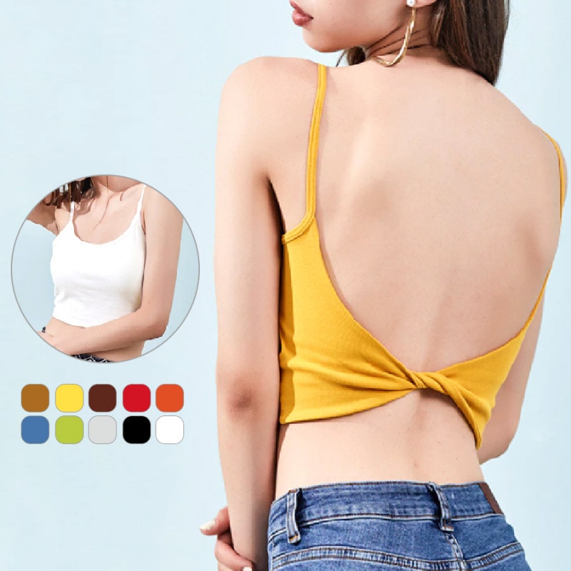 カップ付きキャミソール インナー ショート丈 韓国ファッション ブラトップ セクシー バッククロス おしゃれ 春 夏 秋 冬 新作 キャメル マスタード ブラウン 茶 レッド 赤 オレンジ ブルー 青 グリーン 緑 グレー ブラック 黒 ホワイト 白 フリーサイズ JOCOSA 7020