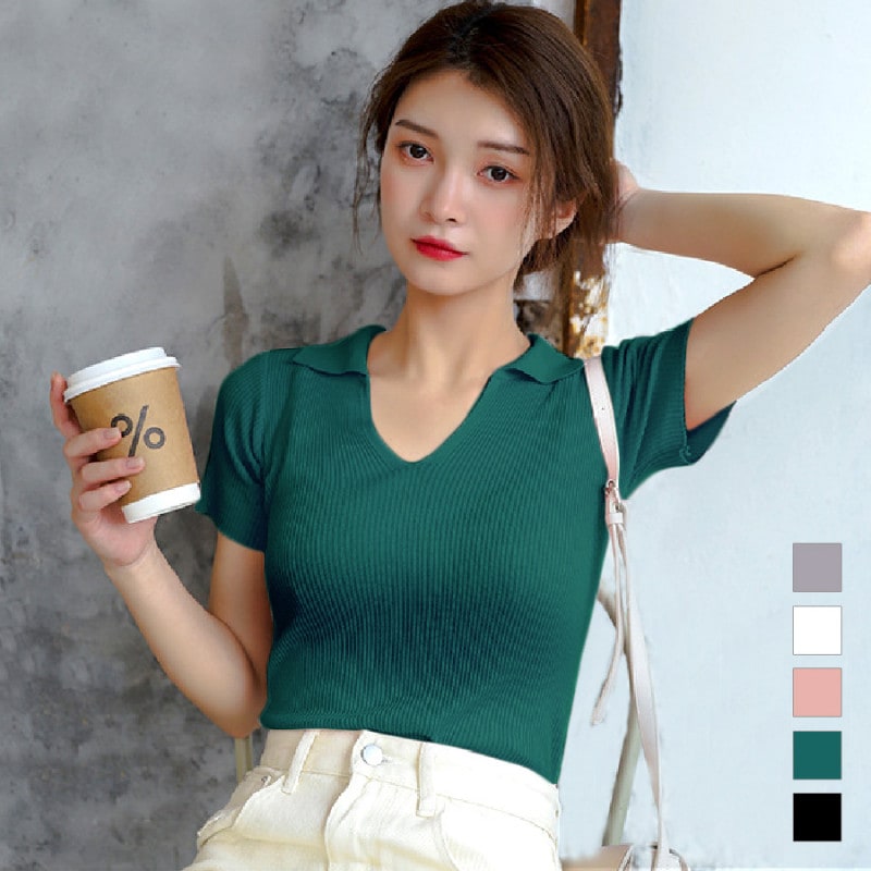 ニットトップス 半袖ニット 韓国ファッション 韓国 サマーニット トップス オフィスカジュアル セクシー Ｖネック 襟付き 大人可愛い レディース 春 夏 秋 新作 グレー ホワイト 白 ピンク グリーン 緑 ブラック 黒 フリーサイズ JOCOSA 7021