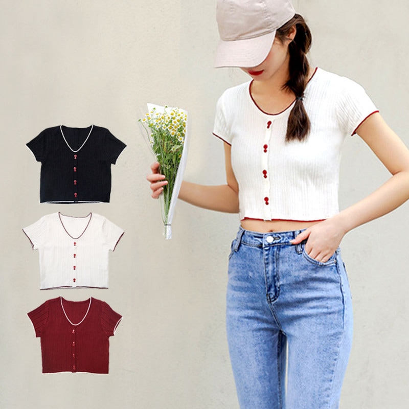 ニット トップス 半袖 韓国トップス 半袖ニット ショート丈 夏 サマーニット へそ出し Vネック シンプル おしゃれ 可愛い 韓流 レディース 春 夏 秋 新作 ブラック 黒 ホワイト 白 レッド 赤 フリーサイズ JOCOSA 7022