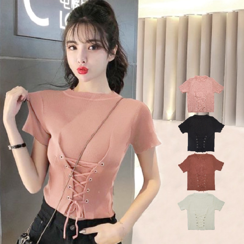 ニットトップス 半袖ニット 韓国ファッション 韓国 サマーニット ショート丈 トップス レースアップ 大人可愛い レディース 春 夏 秋 新作 ピンク ブラック 黒 レンガ ホワイト 白 フリーサイズ JOCOSA 7023
