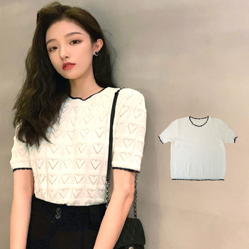 ニットトップス 半袖ニット 韓国ファッション 韓国 サマーニット トップス セクシー シースルー 透け感 ハート ラウンドネック 大人可愛い レディース 春 夏 秋 新作 ホワイト 白 フリーサイズ JOCOSA 7024