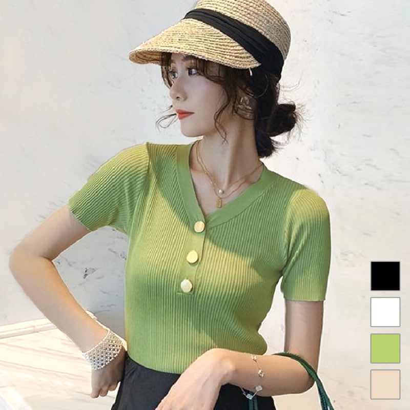 ニットトップス 半袖ニット 韓国ファッション 韓国 サマーニット トップス セクシー Ｖネック ボタン 大人可愛い レディース 春 夏 秋 新作 ブラック 黒 ホワイト 白 グリーン 緑 ベージュ フリーサイズ JOCOSA 7025