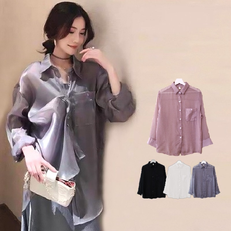 シアーシャツ シャツブラウス トップス 韓国ファッション 韓国 長袖 チュニック シースルー オーバーサイズ セクシー ボタン 大人可愛い レディース 春 夏 秋 新作 ブラック 黒 ホワイト 白 グレー ピンク M L JOCOSA 7028