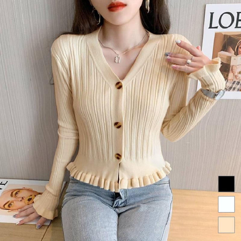 カーディガン フリル リブ 長袖 ニット 韓国ファッション 大人 オフィスカジュアル オフィス トップス 羽織 Ｖネック ボタン ショート丈 レディース 春 秋 冬 新作 ブラック 黒 ホワイト 白 ベージュ フリーサイズ JOCOSA 8360