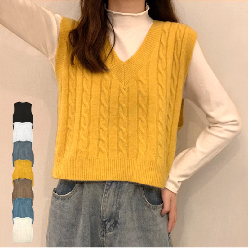 ニットベスト トップス Vネック 韓国ファッション 韓国 秋服 大人 オフィスカジュアル シンプル ストリート レディース 春 夏 秋 冬 新作 ブラック 黒 ホワイト 白 グレー 灰 イエロー 黄 ブラウン 茶 ブルー 青 アイボリー フリーサイズ JOCOSA 7038