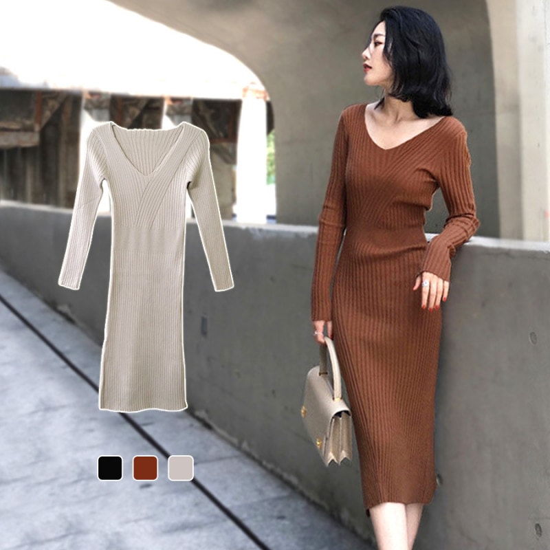 ワンピース タイトワンピース オフィス 韓国ファッション セクシー 大人 オフィスカジュアル レディース 長袖 ニットワンピ Vネック リブ 着回し 無地 シンプル おしゃれ 春 秋 冬 新作 ブラック 黒 ブラウン 茶 ベージュ フリーサイズ JOCOSA 8869