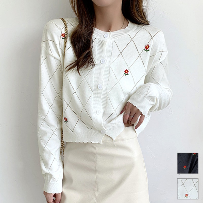 カーディガン 花柄 レトロ 長袖 丸襟 クルーネック 韓国ファッション ニット トップス 花 刺繍 大人 カジュアル 羽織 ボタン シンプル おしゃれ かわいい レディース 春 夏 秋 新作 ブラック 黒 ホワイト 白 フリーサイズ JOCOSA 8363