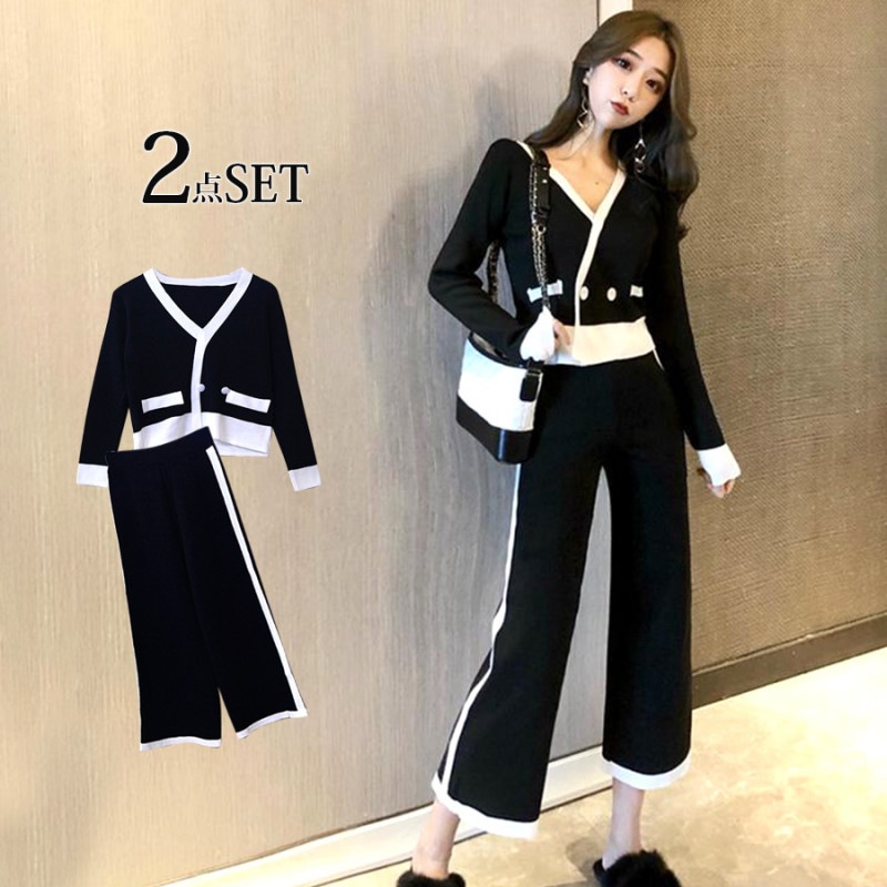 セットアップニット 長袖 セクシー ニット ワイドパンツ 大人 オフィスカジュアル オフィス セレモニー お呼ばれ ボタン ウエストゴム 上下セット おしゃれ シンプル 春 秋 冬 レディース 新作 ブラック 黒 フリーサイズ JOCOSA 8432