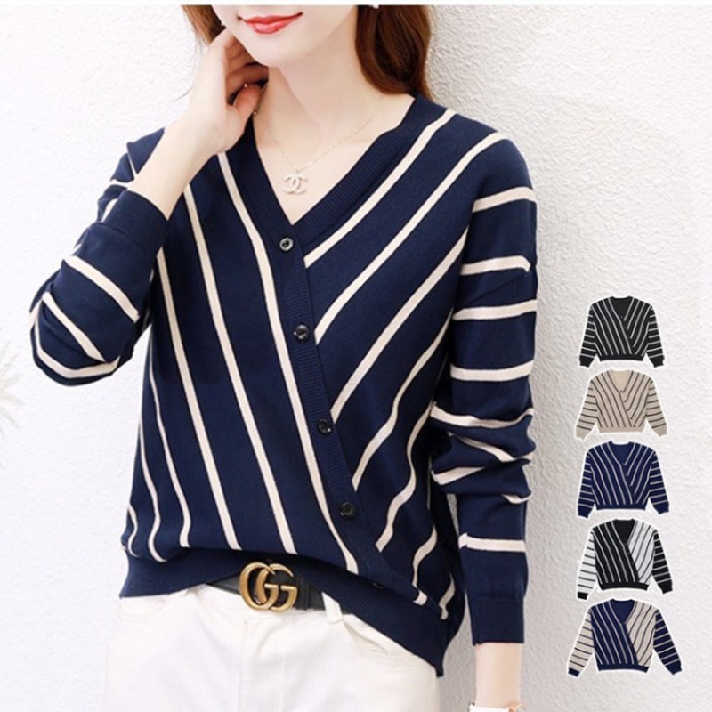 ニットトップス ストライプ 長袖ニット Vネック ボタン 韓国ファッション 韓国 トップス ブラウス カジュアル 大人 プチプラ 春 夏 秋 新作 ブラック 黒 ベージュ ネイビー 紺 ブラック×ホワイト ベージュ×ネイビー フリーサイズ JOCOSA 7047