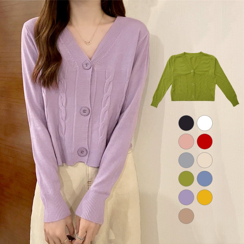 カーディガン ケーブル編み 長袖 ニット 無地 韓国ファッション 大人 羽織 シンプル おしゃれ レディース 春 新作 ブラック 黒 ホワイト 白 ピンク レッド 赤 グレー ベージュ 茶色 グリーン 緑 ブルー 青 ラベンダー マスタード ブラウン フリーサイズ JOCOSA 8362