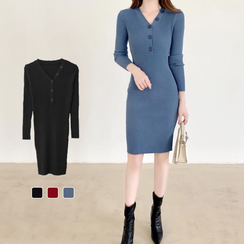 ワンピース ミニワンピース タイトワンピース Vネック ひざ丈 ボタン 韓国ファッション セクシー セクシーワンピース 大人 シンプル おしゃれ レディース 春 秋 新作 ブラック 黒 ワインレッド 赤 ブルー 青 フリーサイズ JOCOSA 8871