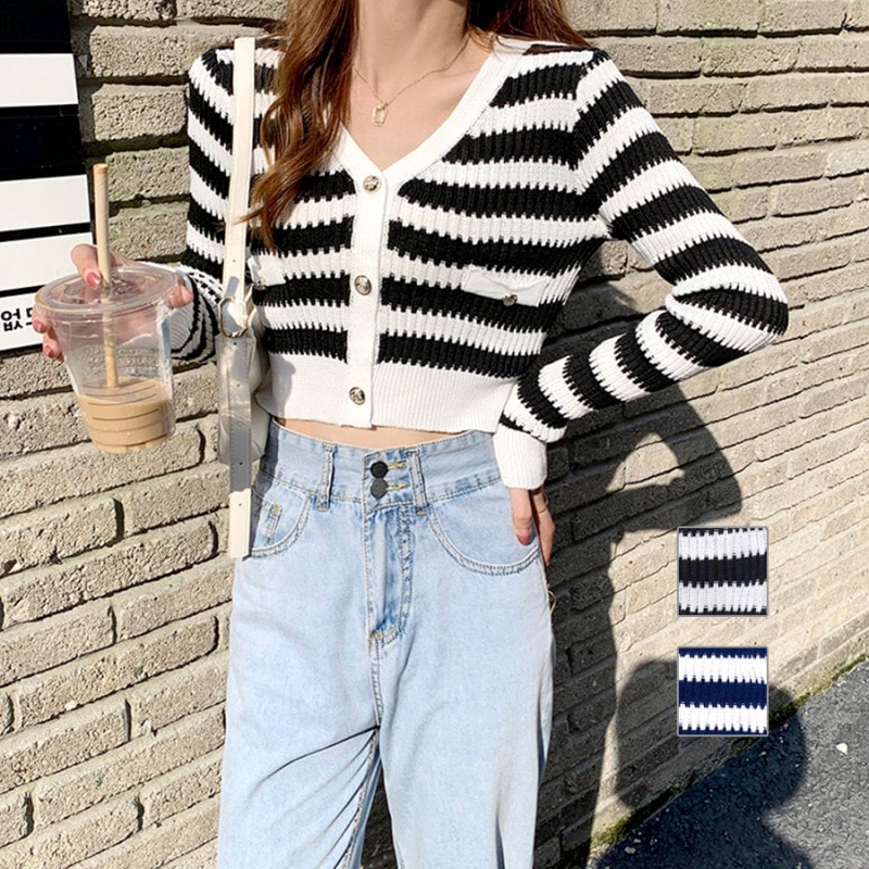 カーディガン ボーダー Vネック ニット 長袖 韓国ファッション トップス 大人 羽織 ボタン シンプル ショート丈 ショート丈トップス おしゃれ かわいい レディース 春 夏 秋 新作 ブラック 黒 ネイビー 紺 フリーサイズ JOCOSA 8365