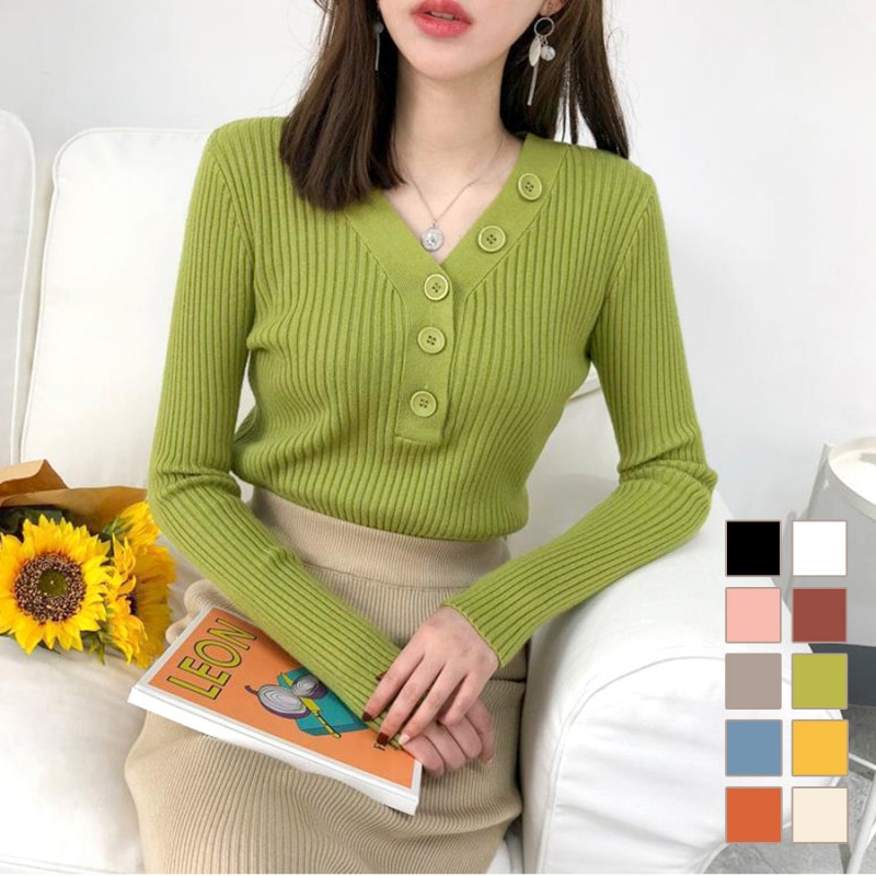 ニットトップス 長袖 Vネック ボタン 韓国ファッション トップス 秋 冬 無地 大人 レディース 春 新作 ブラック 黒 ホワイト 白 ピンク レッド 赤 ベージュ 茶 グリーン 緑 ブルー 青 イエロー 黄色 オレンジ アイボリー フリーサイズ JOCOSA 7051