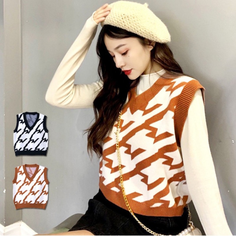 ニットベスト 格子 トップス 韓国ファッション 韓国 大人 Vネック シンプル ストリート レイヤード レディース 春 夏 秋 冬 新作 ブラック 黒 ブラウン 茶 フリーサイズ JOCOSA 7057