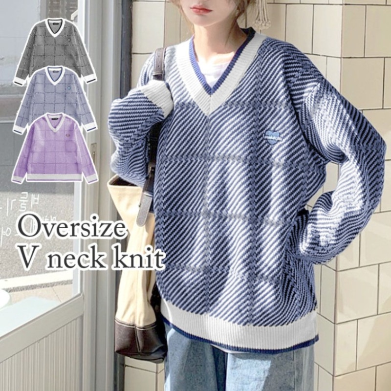 ニットトップス Vネック オーバーサイズ チェック ストライプ 長袖 刺繍 ワンポイント ニット トップス 韓国ファッション 秋 冬 冬服 可愛い カジュアル レディース 春 新作 ブラック 黒 ブルー 青 パープル 紫 フリーサイズ JOCOSA 7058