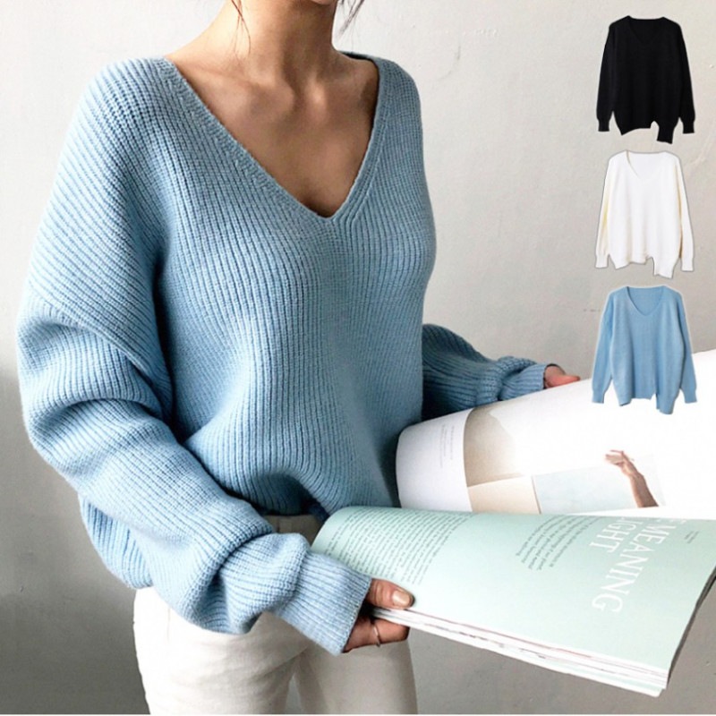 ニットトップス Vネック ニット トップス 長袖 韓国ファッション 韓国 秋服 大人 V ネック スリット シンプル ストリート レディース 春 秋 冬 新作 ブラック 黒 ホワイト 白 ライトブルー 青 フリーサイズ JOCOSA 7059