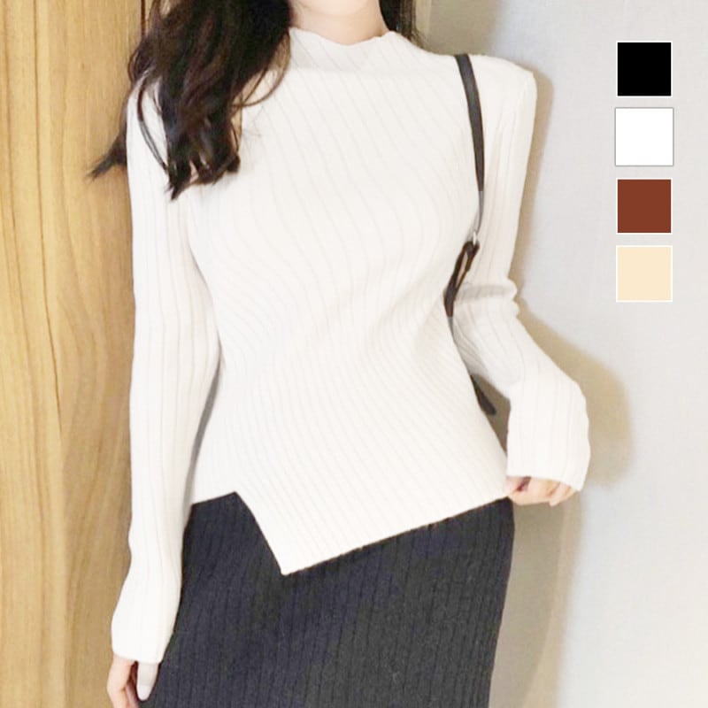 ニット トップス リブ スリット 春 斜め 長袖 韓国ファッション 韓国 秋服 大人 スリット シンプル セクシー オフィスカジュアル レディース 秋 冬 新作 ブラック 黒 ホワイト 白 ブラウン 茶 アイボリー フリーサイズ JOCOSA 7060