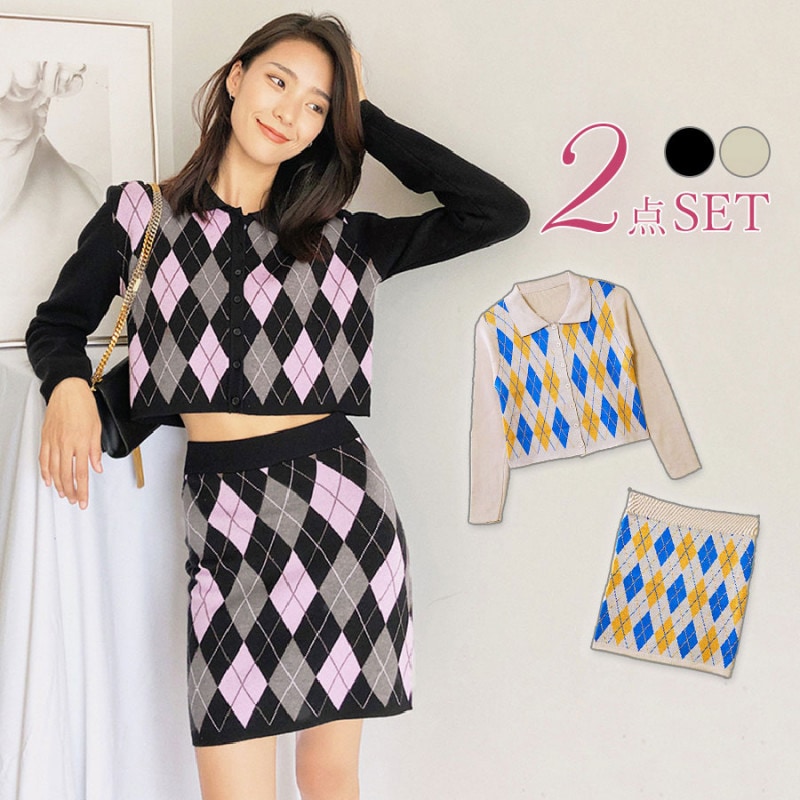 セットアップニット アーガイル チェック 韓国ファッション 長袖 トップス カーディガン スカート ミニスカート 大人 おしゃれ シンプル カジュアル ストリート セクシー 春 秋 冬 レディース 新作 ブラック 黒 ベージュ 茶 フリーサイズ JOCOSA 8440