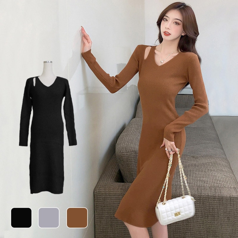 ワンピース ニット Vネック 肩開き 肩スリット ミドル丈 長袖 タイトワンピース セクシーワンピース 無地 シンプル アシンメトリー 韓国ファッション セクシー 大人 おしゃれ レディース 春 秋 新作 ブラック 黒 グレー 灰色 ブラウン 茶色 フリーサイズ JOCOSA 8884