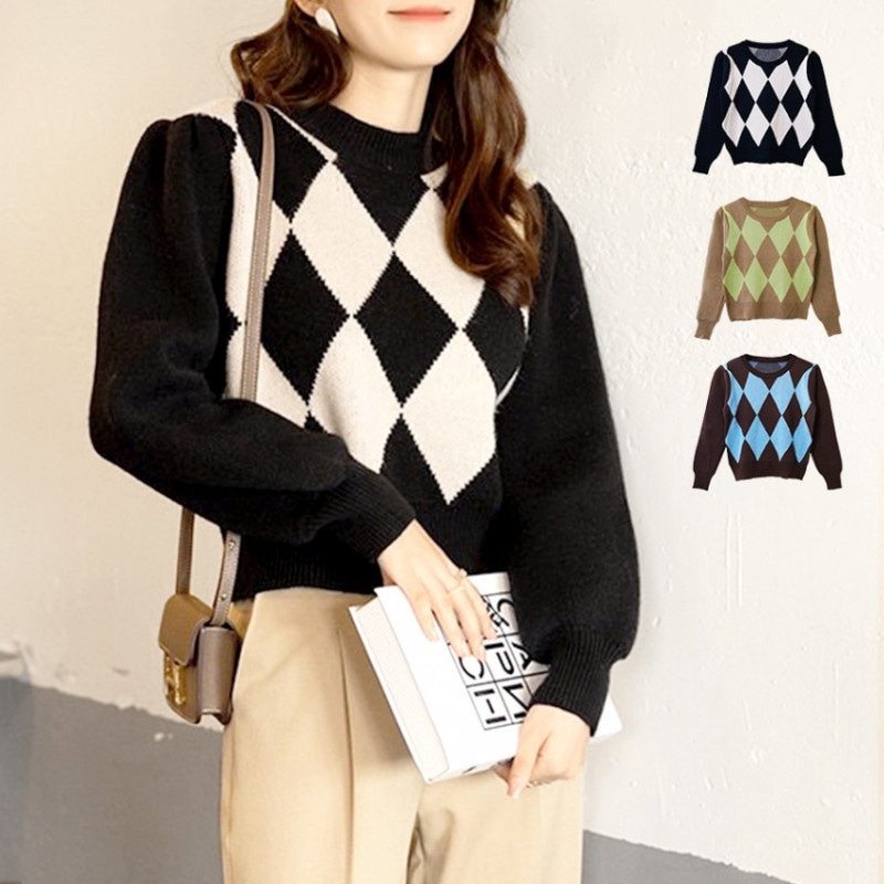 ニット ダイヤ柄 トップス パフスリーブ 長袖 韓国ファッション 秋 冬 韓国 秋服 大人 シンプル カジュアル オフィスカジュアル レディース 春 新作 ブラック 黒 ベージュ ブラウン 茶 フリーサイズ JOCOSA 7062